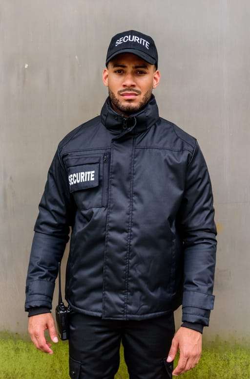 Homme portant une veste de sécurité noire floquée « Sécurité »